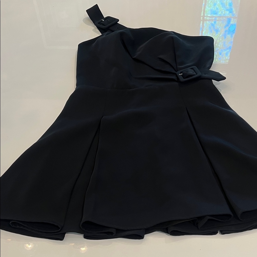 Lovers + Friends Black One-Shoulder Party Dress with Buckle Straps